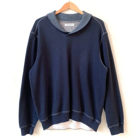 Tommy Bahama Mens Pullover Cotton Sweater Size XL Shawl Collar Navy Marlin Logo - Picture 1 of 11